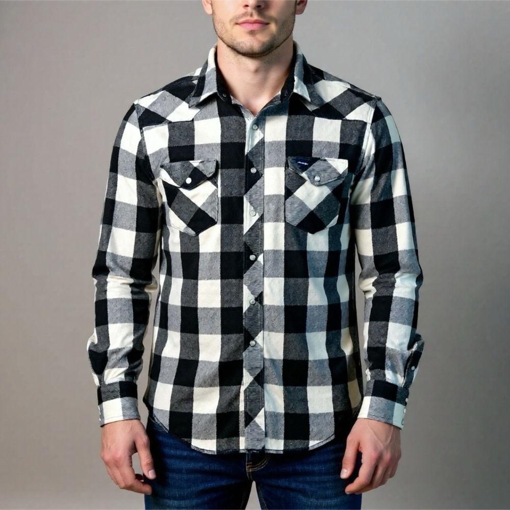 Vintage Wrangler Flannel Shirt Mens 17 / 35 Black White Pearl Snap X-Long West